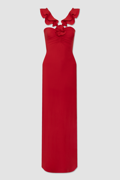 Ruffled Sleeveless 3D Flower Decor Slim Fit Maxi Dresses-Red-Hayhty.All Rights Reserved.