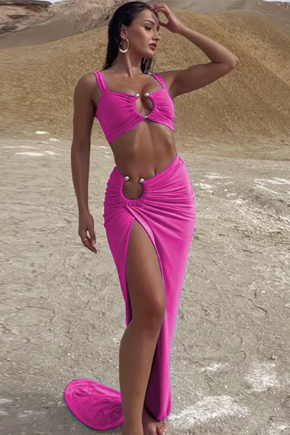 Cutout Crop Cami Ruched High Slit Fishtail Maxi Skirt Matching Set-Blue-Hayhty.All Rights Reserved.