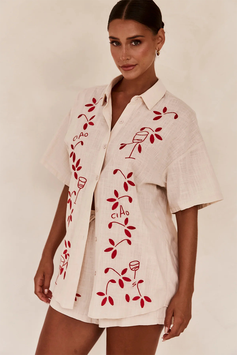 Floral Embroidery Short Sleeve Blouse Elastic Waist Shorts Matching Set-Blue-Hayhty.All Rights Reserved.