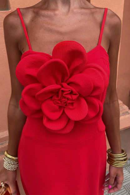 3D Flower Decor Solid Color Gowns Slip Maxi Dresses-Red-Hayhty.All Rights Reserved.