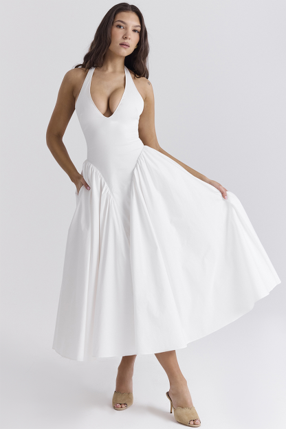 Deep V Neck Halter Cinch Waist Plain Midi Dresses-White-Hayhty.All Rights Reserved.