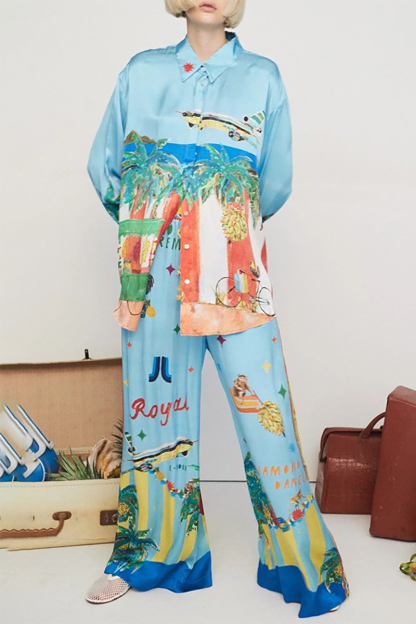 Vacation Mixed Print Turndown Collar Blouse Wide Leg Pants Matching Set-Blue-Hayhty.All Rights Reserved.