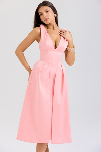 Deep V Neck Cinch Waist Satin Midi Tank Dresses-Pink-Hayhty.All Rights Reserved.