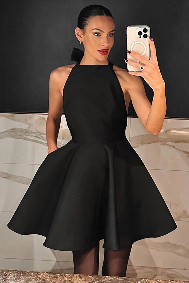 Sleeveless Halter Back Bow Backless A-Line Mini Dresses-Black-Hayhty.All Rights Reserved.