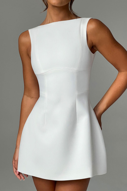 Solid Color A-Line Backless Mini Tank Dresses-White-Hayhty.All Rights Reserved.