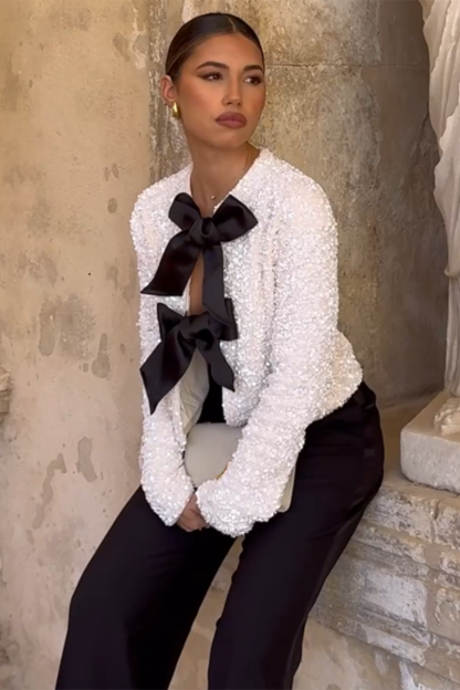 Sequin Colorblock Ribbon Decor Long Sleeve Coat-Hayhty.All Rights Reserved.