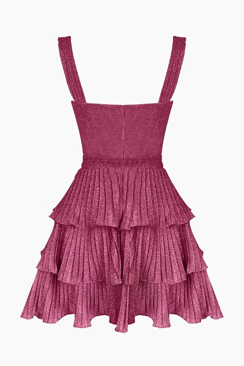 Metal Starfish Cutout Tiered Pleated Slip Mini Dresses-Fuchsia-Hayhty.All Rights Reserved.