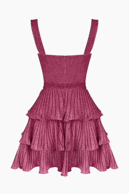 Metal Starfish Cutout Tiered Pleated Slip Mini Dresses-Fuchsia-Hayhty.All Rights Reserved.