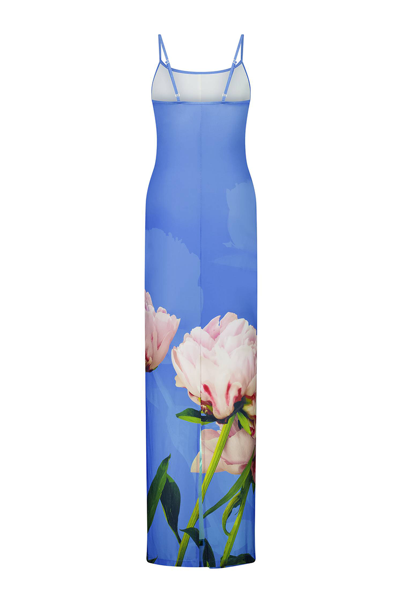 U Neck Slim Fit Floral Print Maxi Strappy Dresses-Blue-Hayhty.All Rights Reserved.