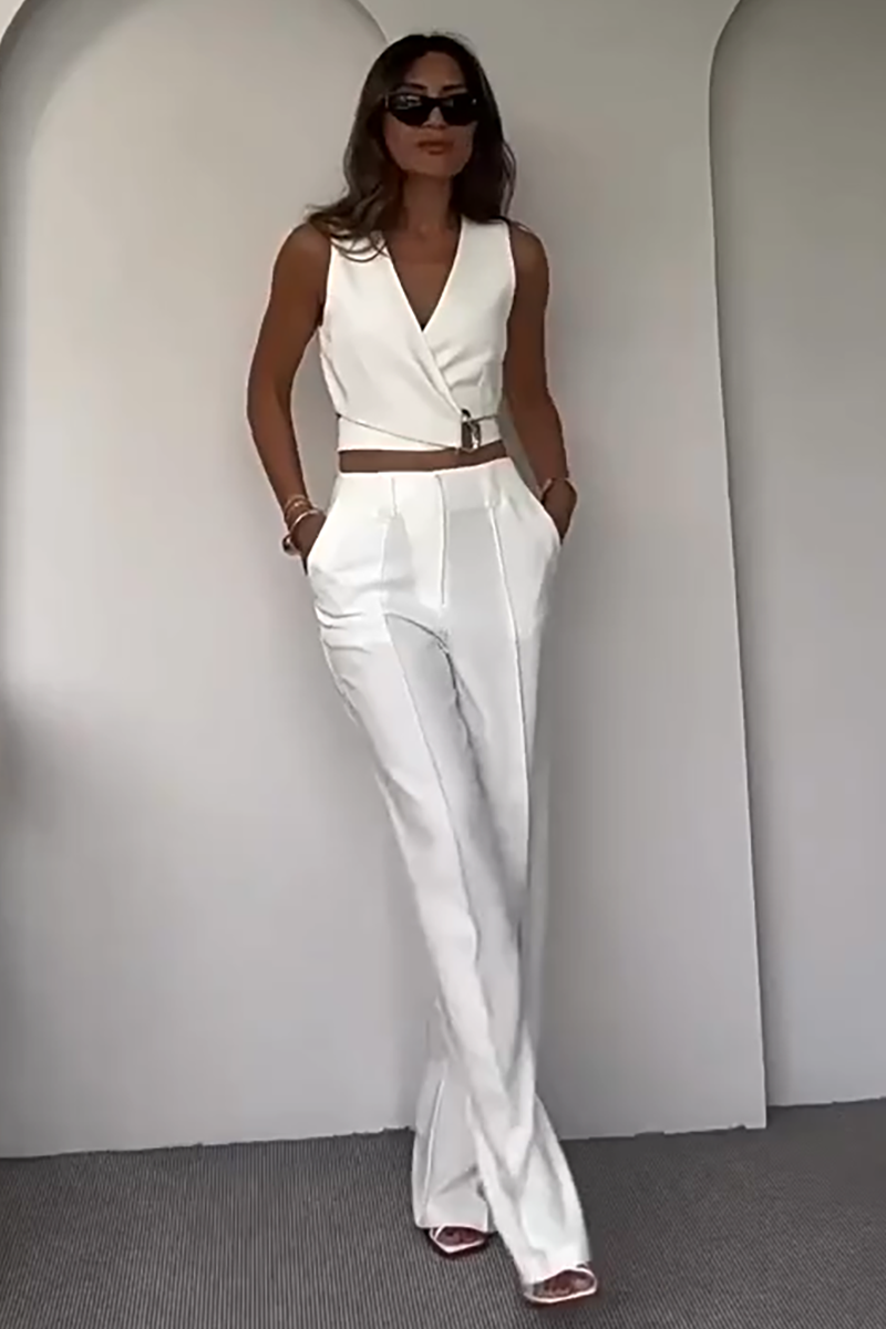 V Neck Metal Decor Crop Vest Wide Leg Pants Matching Set-White-Hayhty.All Rights Reserved.