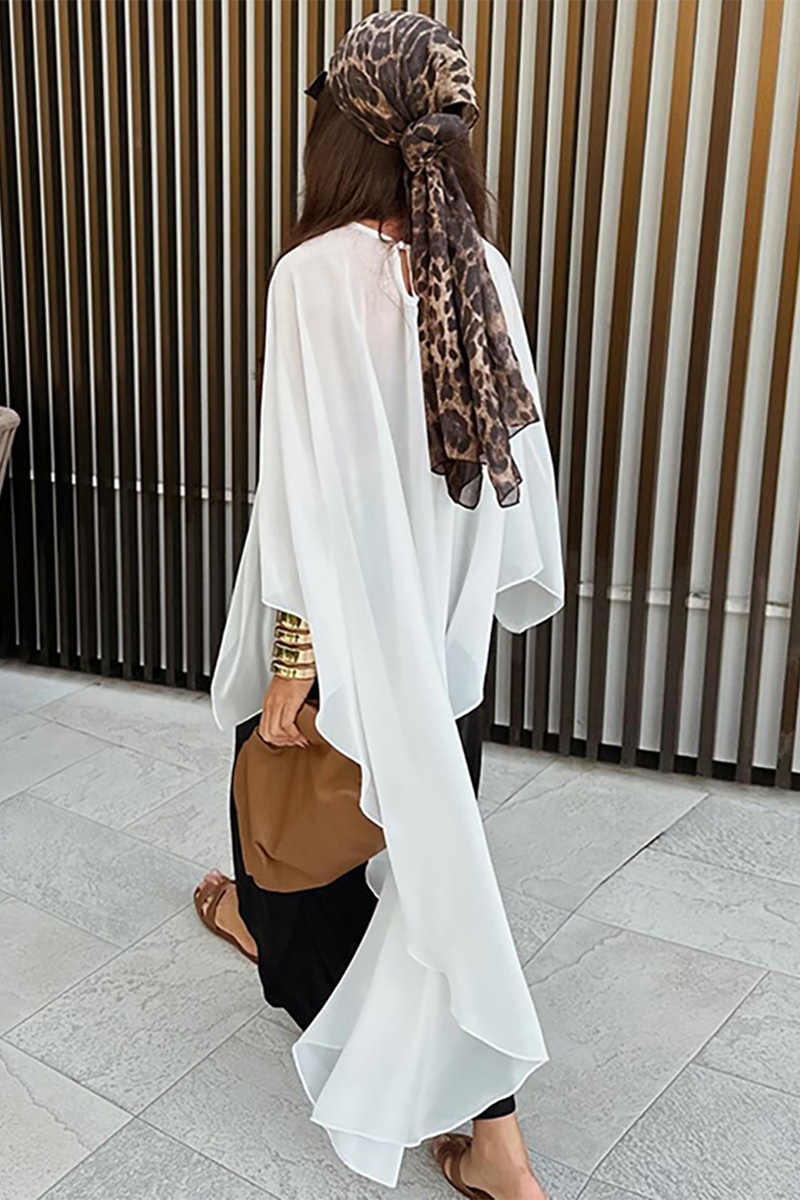 Round Neck Batwing Sleeve Irregular High-Low Flowy Top-White-Hayhty.All Rights Reserved.