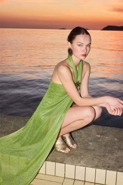 Asymmetrical Overlay Halter Shimmery Irregular Maxi Dresses-Green-Hayhty.All Rights Reserved.