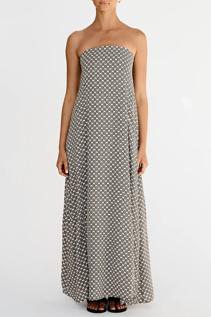 Geometric Pattern Boat Neck Loose Fit A-Line Strapless Maxi Dresses-Black-Hayhty.All Rights Reserved.