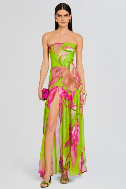 Floral Print Slim Fit High Slit Vacation Maxi Tube Dresses-Green-Hayhty.All Rights Reserved.