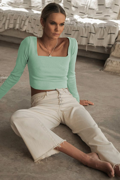 Square Neck Back Lace Up Tied Slim Top-Hayhty.All Rights Reserved.