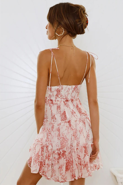 Floral Print Tied Up Cami Boat Neck Tiered Ruffle Backless Flowy Vacation Mini Dresses-Hayhty.All Rights Reserved.