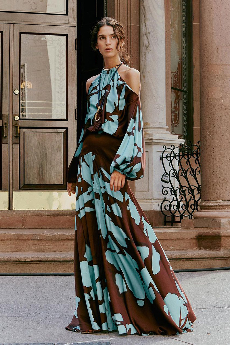 Cold Shoulder Halter Lantern Long Sleeve Cinch Waist Colorblock Maxi Dresses-Hayhty.All Rights Reserved.