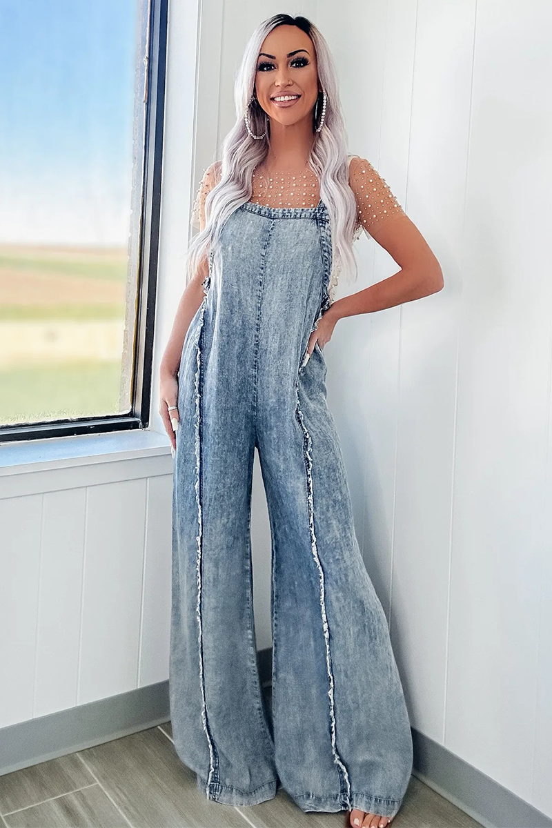 Denim Raw Edge Wide Leg Overalls-Blue-Hayhty.All Rights Reserved.