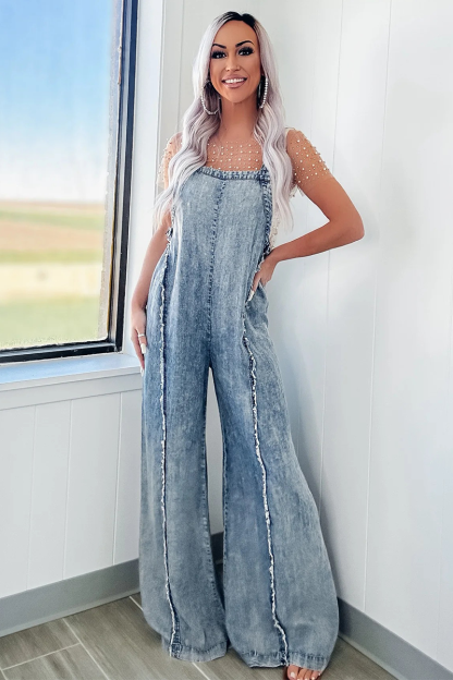 Denim Raw Edge Wide Leg Overalls-Blue-Hayhty.All Rights Reserved.