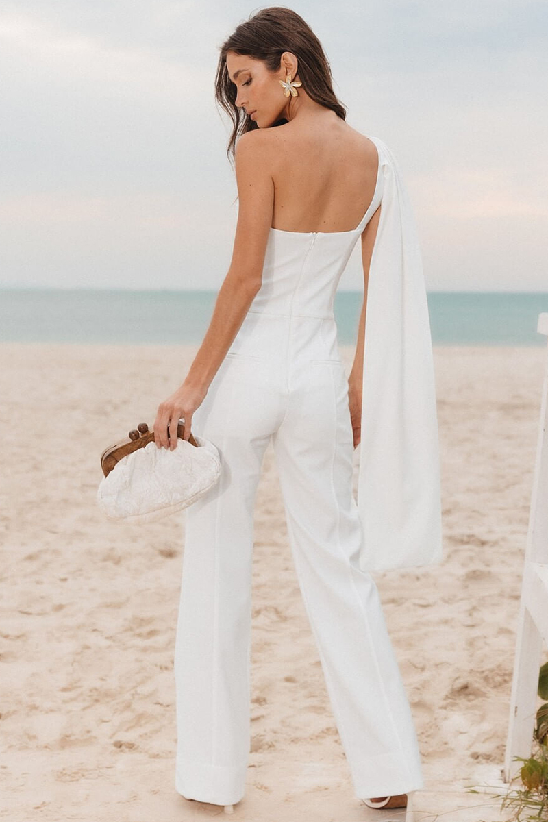 One Shoulder Streamer Ruched Straight Leg Plain Jumpsuit-White-Hayhty.All Rights Reserved.