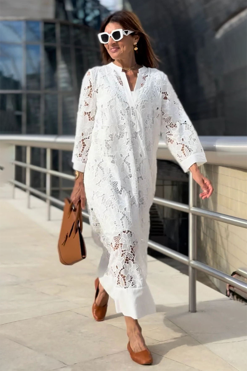 V Neck 3/4 Sleeve Floral Pattern Lace Loose Fit Cover Ups Midi Dresses-White-Hayhty.All Rights Reserved.