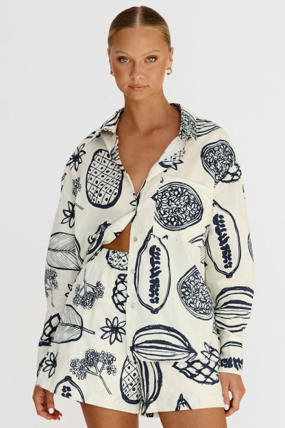 Floral Fruit Print Long Sleeve Shirt Casual Short Two Piece Set-Hayhty.All Rights Reserved.