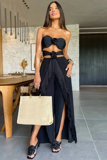 3D Flower Decor Cutout Crop Top Fringe Slit Wide Leg Pants 2pcs Set-Black-Hayhty.All Rights Reserved.
