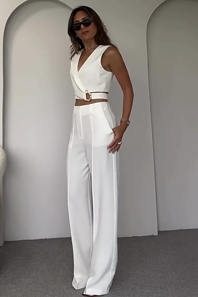 V Neck Metal Decor Crop Vest Wide Leg Pants Matching Set-White-Hayhty.All Rights Reserved.