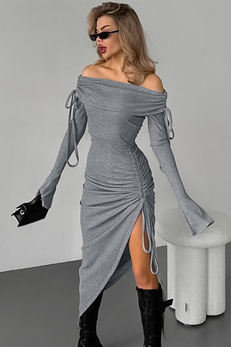 Off Shoulder Flare Sleeve Ruched Slit Knit Irregular Midi Dresses-Grey-Hayhty.All Rights Reserved.