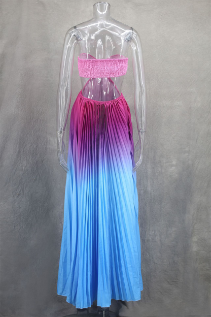 Gradient Color Cross Halter Cutout Backless Pleated Maxi Dresses-Blue-Hayhty.All Rights Reserved.