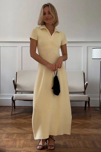 Knit Turndown Collar Short Sleeve Solid Color Maxi Dresses-White-Hayhty.All Rights Reserved.