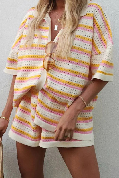 Knit Colorblock Striped Hollow Out Half Sleeve Blouse Shorts 2pcs Set-Orange-Hayhty.All Rights Reserved.