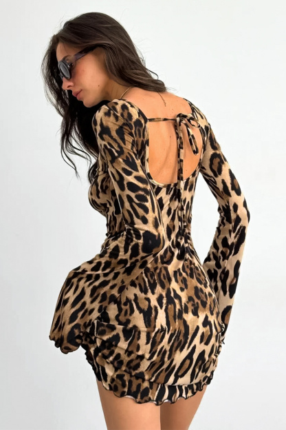Leopard Print Long Sleeve Backless Slim Fit Mini Dresses-Brown-Hayhty.All Rights Reserved.