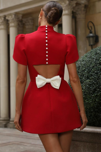 Mock Neck Petal Sleeve Cut Out Bowknot Mini Dresses-Red-Hayhty.All Rights Reserved.