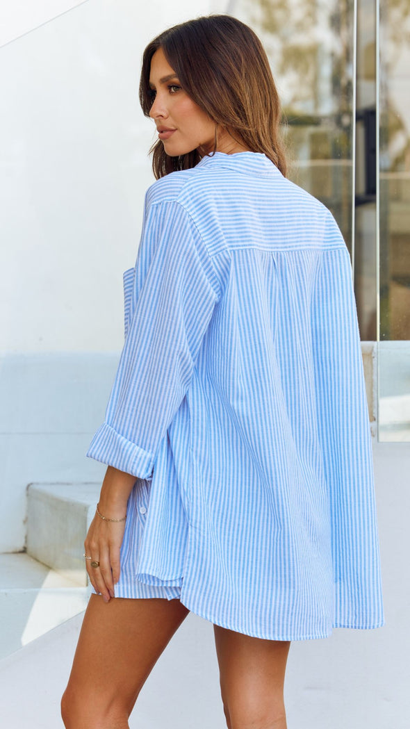 Relaxed Fit Button Up Shirt Set-Pink/Blue Stripe-Hayhty.All Rights Reserved.