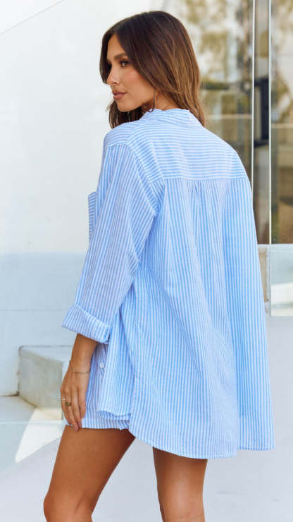 Relaxed Fit Button Up Shirt Set-Pink/Blue Stripe-Hayhty.All Rights Reserved.