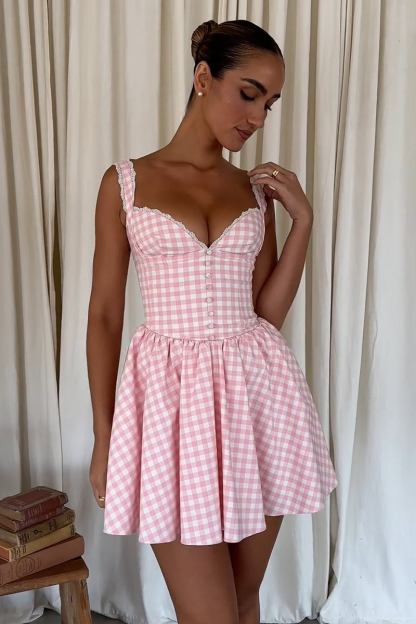 Plaid Print Lace Trim Button A-Line Mini Cami Dresses-Pink-Hayhty.All Rights Reserved.