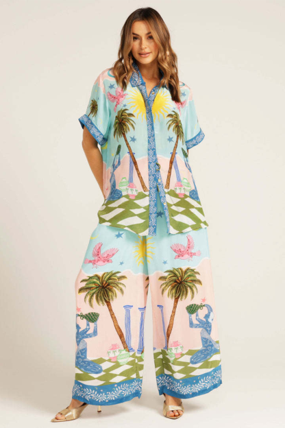 Vacation Mixed Print Short Sleeve Blouse Wide Leg Pants Matching Set-Blue-Hayhty.All Rights Reserved.