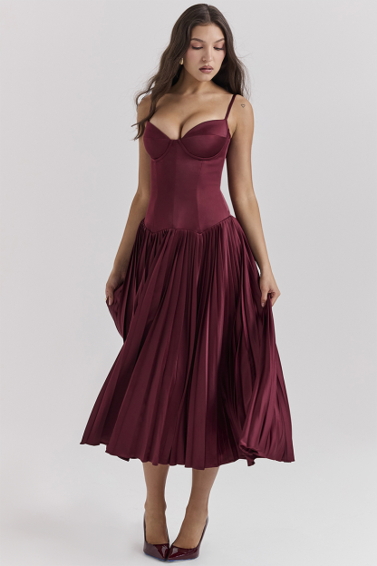 Irregular Neck Corset A-Line Pleated Hem Satin Slip Midi Dresses-Burgundy-Hayhty.All Rights Reserved.