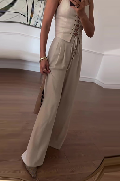 Front Lace Up Cami Solid Color Pants Matching Set-White-Hayhty.All Rights Reserved.