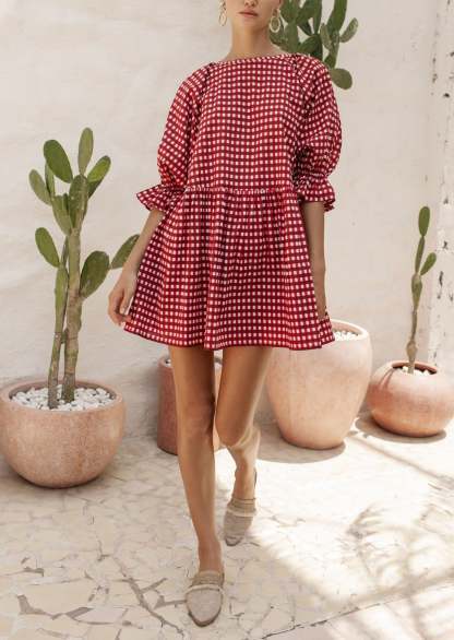 Round Neck Half Sleeve Plaid Mini Dress - Red-Hayhty.All Rights Reserved.