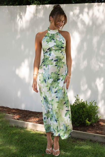 Floral Print Halter Backless Flowy Vacation Maxi Dresses-Hayhty.All Rights Reserved.