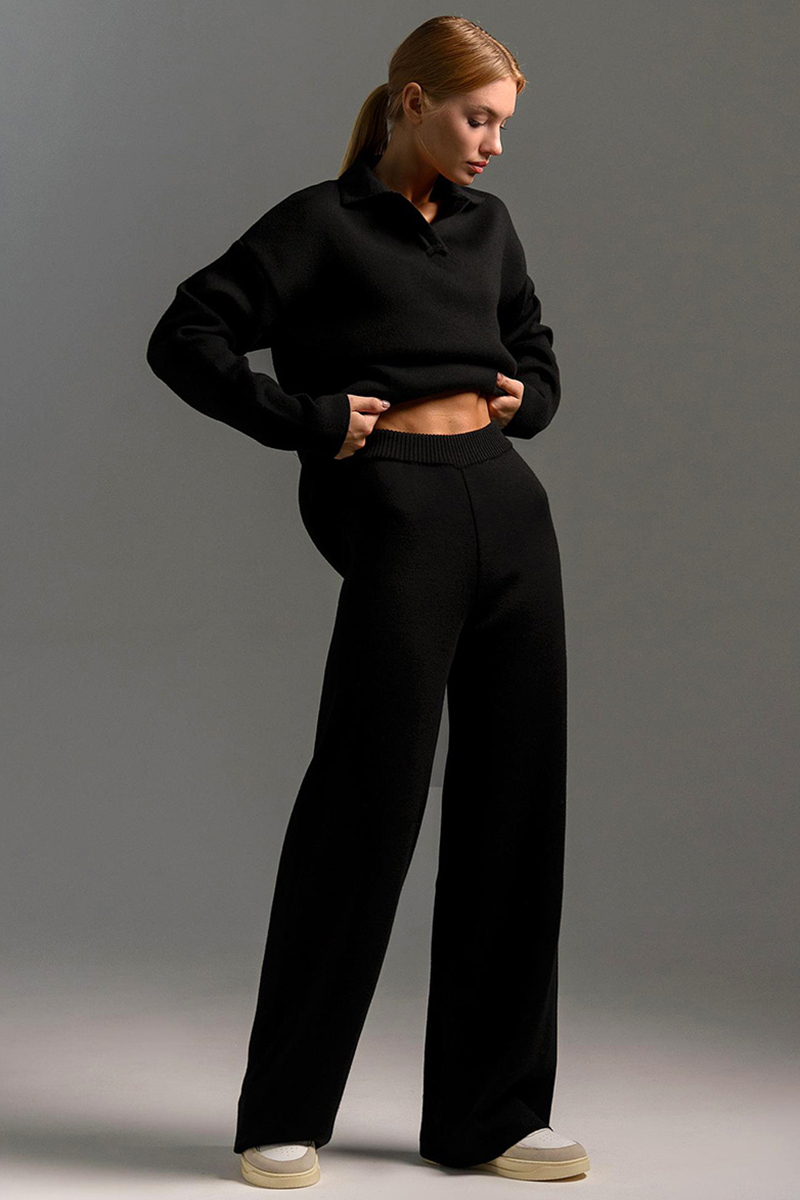 Knit Turndown Collar Sweater Plain Wide Leg Pants Matching Set-Beige-Hayhty.All Rights Reserved.