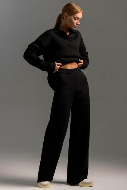 Knit Turndown Collar Sweater Plain Wide Leg Pants Matching Set-Beige-Hayhty.All Rights Reserved.