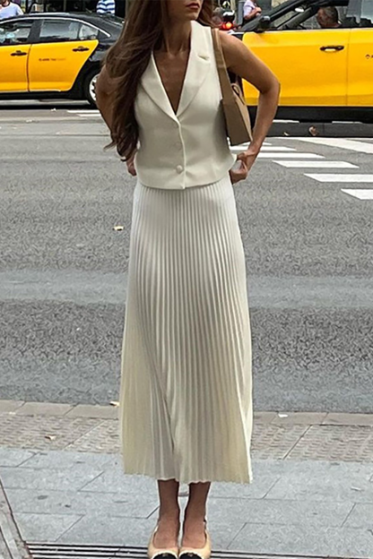 Deep V Neck Waistcoat Pleated Midi Skirt Matching Set-Burgundy-Hayhty.All Rights Reserved.