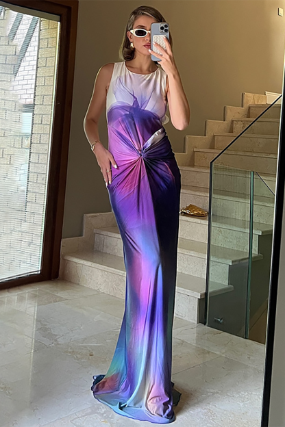 Gradient Color Twisted Ruched Round Neck Open Back Maxi Tank Dresses-Purple-Hayhty.All Rights Reserved.