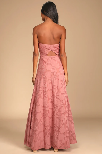 Sweetheart Neckline Strapless Slit Jacquard A-Line Gowns Maxi Dresses-Pink-Hayhty.All Rights Reserved.