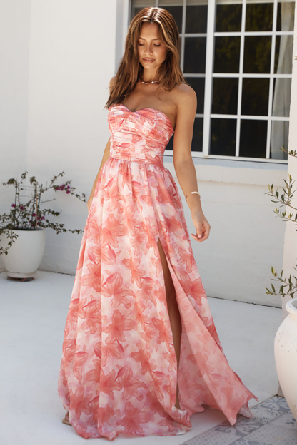 Floral Print Strapless High Slit Flowy Hem Maxi Dresses-Red-Hayhty.All Rights Reserved.