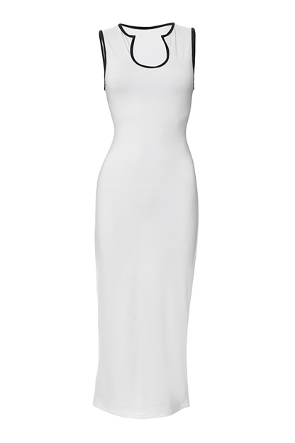 Contrast Piping Irregular U Neck Bodycon Midi Tank Dresses-White-Hayhty.All Rights Reserved.