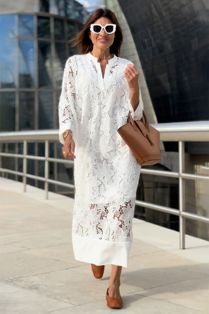 V Neck 3/4 Sleeve Floral Pattern Lace Loose Fit Cover Ups Midi Dresses-White-Hayhty.All Rights Reserved.